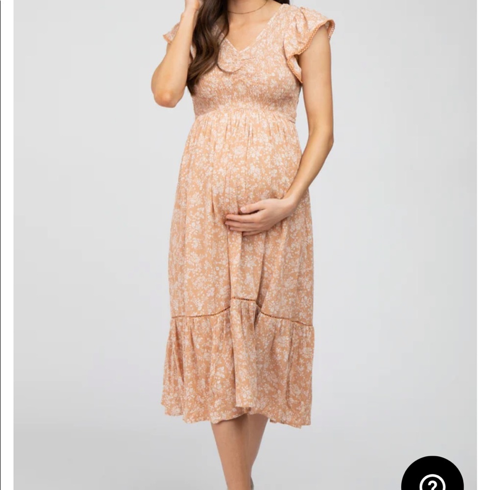 Pinkblush Peach Floral Smocked Ruffle Maternity Midi Dress
